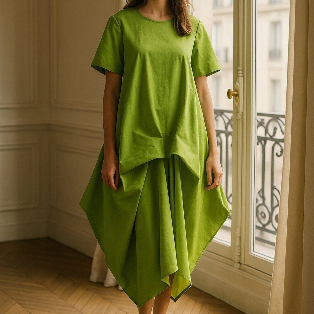 Sun 1982 Green Minimalist Draped Midi Dress - Made in Italy - Size L - Rare